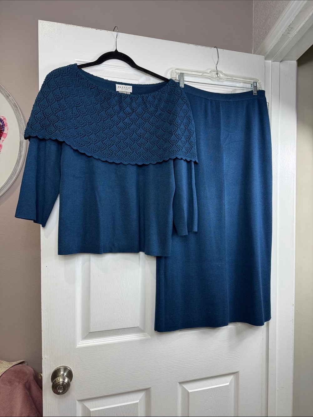 Adrianna Papell Petites -Teal Blue Knit Skirt Set